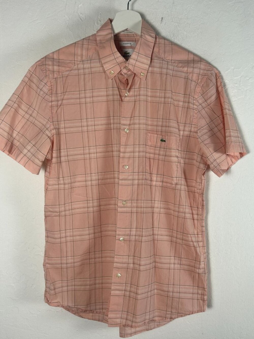 Lacoste Mens Pink Plaid Short Sleeve Modern Fit Button-Down Shirt Size 40 Casual